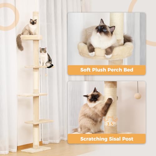 PETEPELA 95-107" Tall Cat Tree Tower with Scratching Post, Bed, Toy - Beige - Image 4