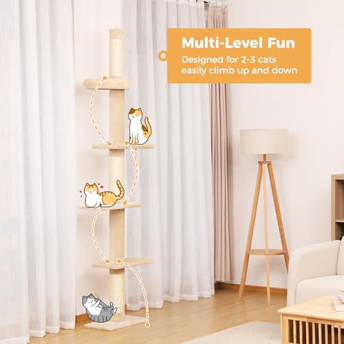 PETEPELA 95-107" Tall Cat Tree Tower with Scratching Post, Bed, Toy - Beige - Image 2