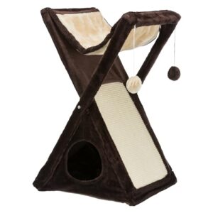 TRIXIE Miguel Fold and Store Cat Hammock | Dangling Pom Poms | Scratching Pad | Cat Cave, Brown, 20.25 x 13.75 x 25.5 inches