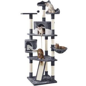 Yaheetech 79in Multi-Level Cat Trees Indoor Cat Tower with Sisal-Covered Scratching Posts, Plush Perches and Condo for Kittens, Cats and Pets - Dark Gray and White