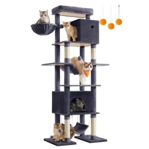 Feandrea Cat Tree, 79.1 Inch Tall Cat Tower for Indoor Cats, Multi-Level Large Cat Condo with 4 Scratching Posts, 2 Hammocks, a Perch, 2 Cat Caves, Anti-Tip Kit, Dark Gray UPCT195G02