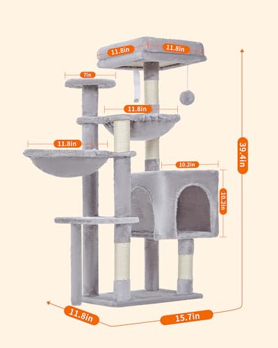 Tall Cat Tree Tower 39" Multi-Level Scratching Post Condo Hammock Perch Gray - Image 4