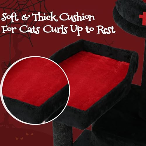 Gothic Cat Tree with Coffin Bed, Bat Ball, Multi-Level Black Cat Tower Furniture - Image 4