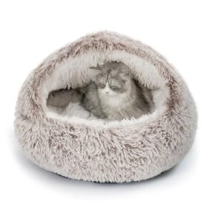 CATISM Cat Bed, Plush Hooded Cat Beds for Indoor Cats, Calming Cat Nest, Self Warming Cat Bed Cave, Cozy Cat Pod for Indoor Cat or Small Dog, Removable Washable Cat Cove with Non-Slip Bottom