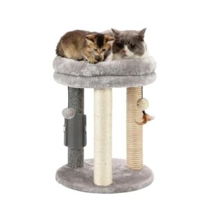 MECOOL 4in1 Small Cat Tree,Scratching Post with Tower Soft Bed, Sisal Carpet Jute Posts with Three Hanging Ball Toys and Massage Brush for Indoor Cats and Kittens