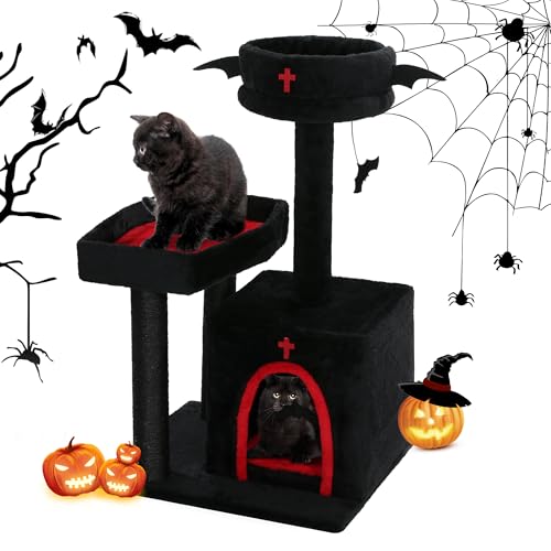 HOMBYS Gothic Cat Tree with Coffin Bed, 30 Inch Balck Cat Tower with Large Cat Condo, Scratching Post and Bat Hanging Ball for Indoor Cats, Multi-Level Black Halloween Kitten Furniture Platform