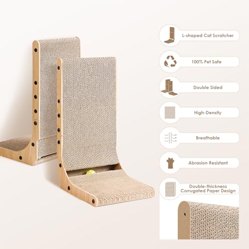 Premium L-Shape Cat Scratching Post, Indoor Cardboard Scratcher with Hanging Toy - Image 2