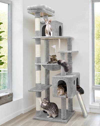 Globlazer F70 Pro Heavy Duty Cat Tree, 70 inch Sturdy Cat Tree for Indoor Cats Extra Large Cat Tower with Scratching Post, Hammock, Cat Condo for Adult Cats Kittens, Light Grey