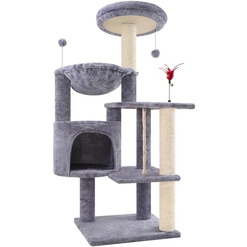 TINWEIUS 42.5'' Cat Tree for Indor Cats, Multifunctional Cat Tower with Cozy Condo, Perches, Scratching Posts and Hammock, Grey…