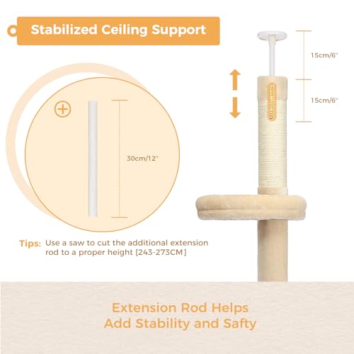 PETEPELA 95-107" Tall Cat Tree Tower with Scratching Post, Bed, Toy - Beige - Image 7