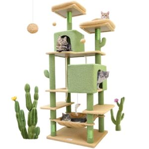 Globlazer F76 Cactus Cat Tree Tower | 76-Inch Extra Tall Multi-Level Cat Furniture with Cozy Condos,Interactive Toys and Perches for Large Cats | Perfect for Climbing, Scratching, and Play | Green
