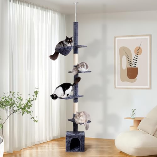 Floor to Ceiling Cat Tree, 5-Tier Height (95-109 inches) - Adjustable Cat Climbing Tower with Sisal Scratching Posts, Cat Condo, Hammock, Platforms, and Hanging Balls