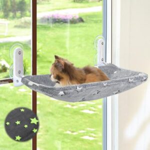 Zoratoo Cat Window Perch, Glow in The Dark Cordless Foldable Cat Hammock Bed for Window with Sturdy Metal Frame, Glowing Stars Pattern Window Resting Seat for Indoor Cats