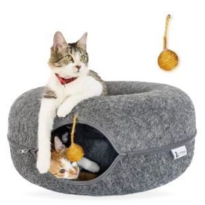 FAMPAWS Large (24 Inch) Peekaboo Cat Cave for Multiple & Large Cats, Cat Caves for Indoor Cats Up to 30 Lbs, Scratch Detachable & Washable, Cat Tunnel Bed (Dark Grey)