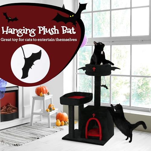 Gothic Cat Tree with Coffin Bed, Bat Ball, Multi-Level Black Cat Tower Furniture - Image 6