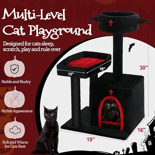 Gothic Cat Tree with Coffin Bed, Bat Ball, Multi-Level Black Cat Tower Furniture - Image 2