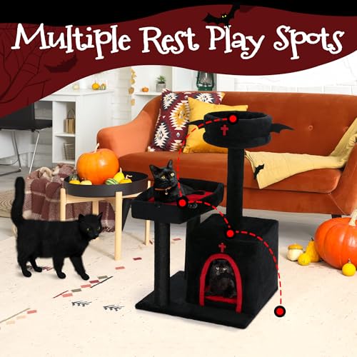 Gothic Cat Tree with Coffin Bed, Bat Ball, Multi-Level Black Cat Tower Furniture - Image 7