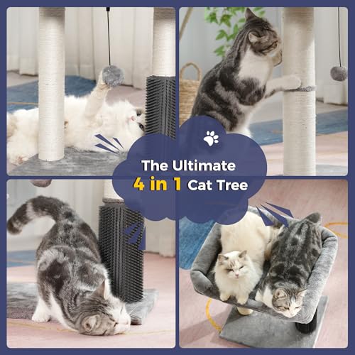 Large Cat Tree Tower: Spacious Bed, Scratching Post, Groomer & Dangling Toy - Grey - Image 5