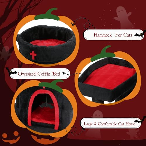 Gothic Cat Tree with Coffin Bed, Bat Ball, Multi-Level Black Cat Tower Furniture - Image 3