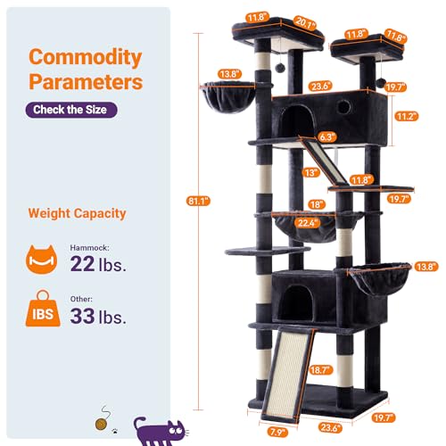 Massive Cat Tree Tower: 81" Multi-Level Climbing Condo with Hammock & Scratch Post - Image 3